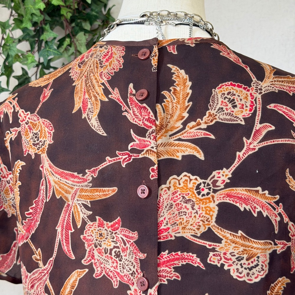 Brown Floral Silk Button Back Blouse Cottagecore Vintage 90s Size 2 Whimsy - Picture 7 of 7